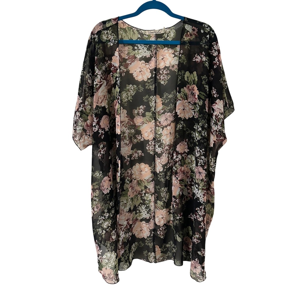 Liberty Love Floral Kimono Wrap Black Sheer Oversized Cardigan 2XL Boho Festival